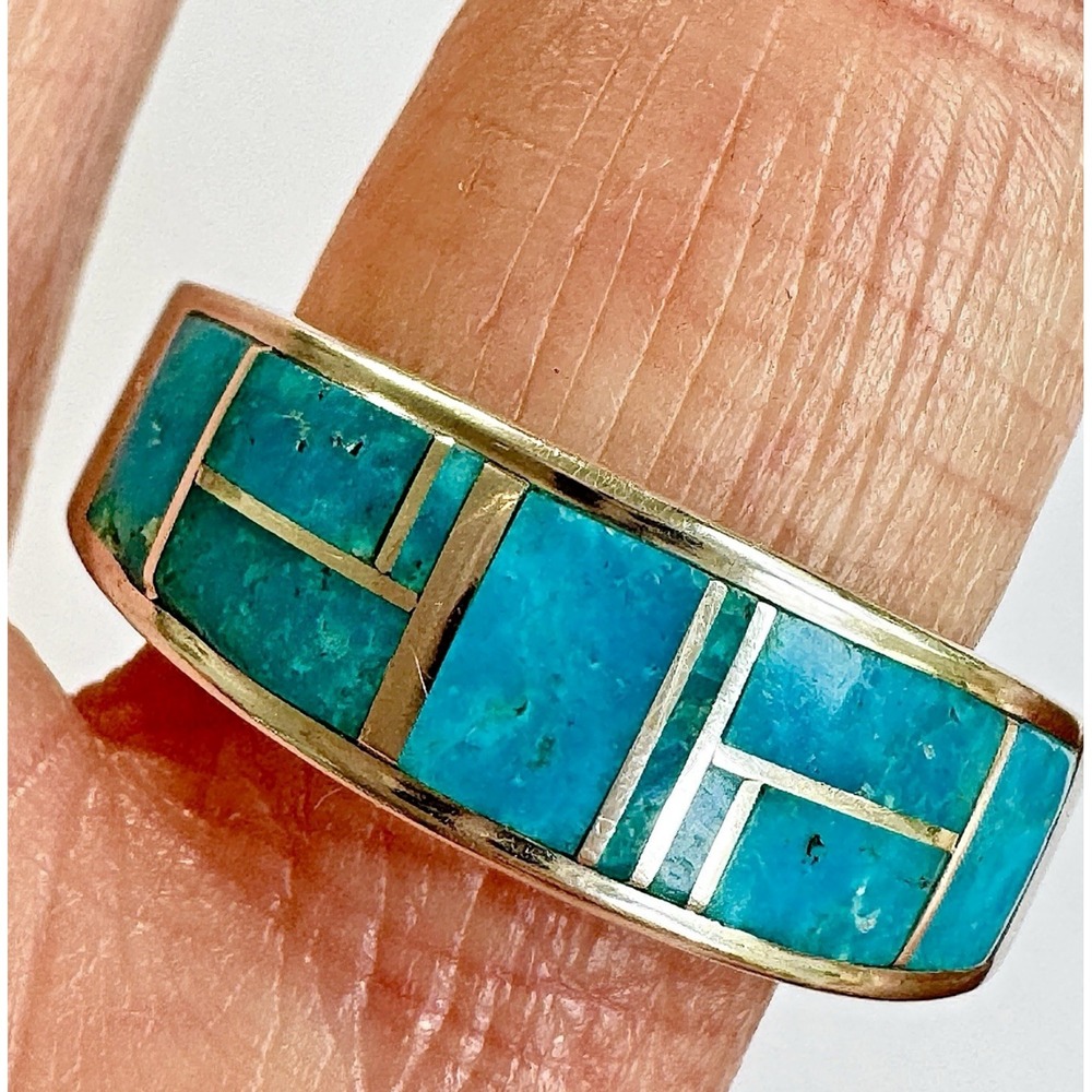 Mens Navajo Wedding Band 13 Ring Turquoise 9mm Inlay Signed Tolino Native Blue